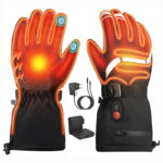 ACEWARM heated gloves front and back view with 6400mAh rechargeable battery and power adapter
