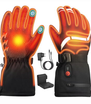 ACEWARM heated gloves front and back view with 6400mAh rechargeable battery and power adapter
