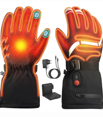 ACEWARM heated gloves front and back view with 6400mAh rechargeable battery and power adapter
