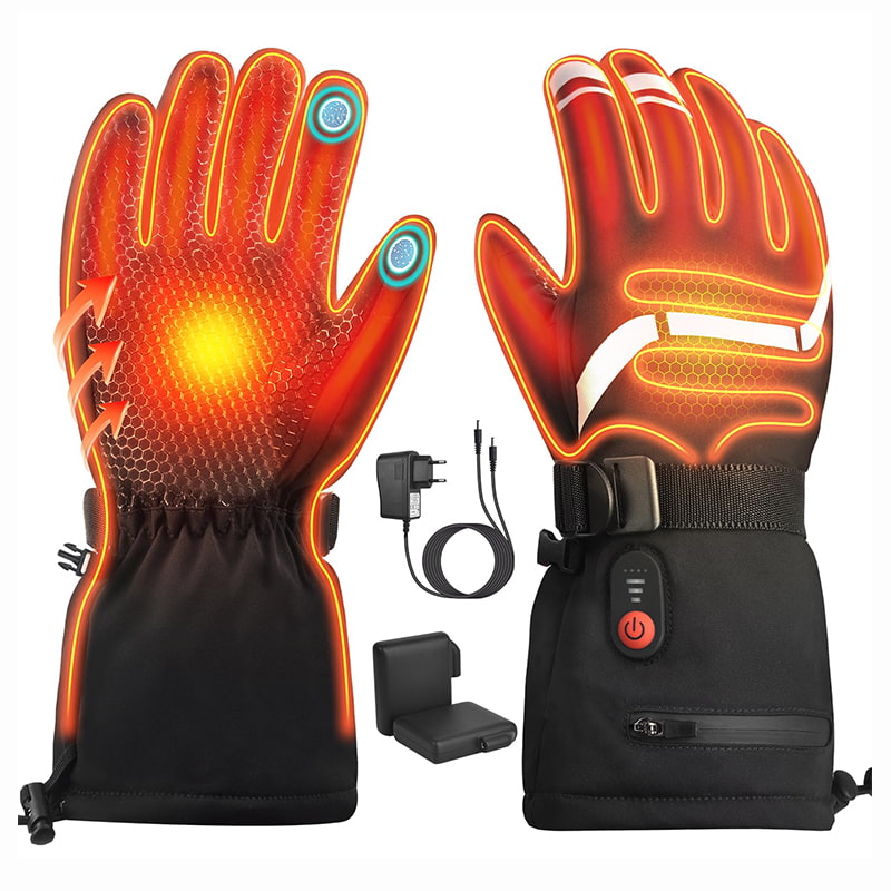 ACEWARM heated gloves front and back view with 6400mAh rechargeable battery and power adapter