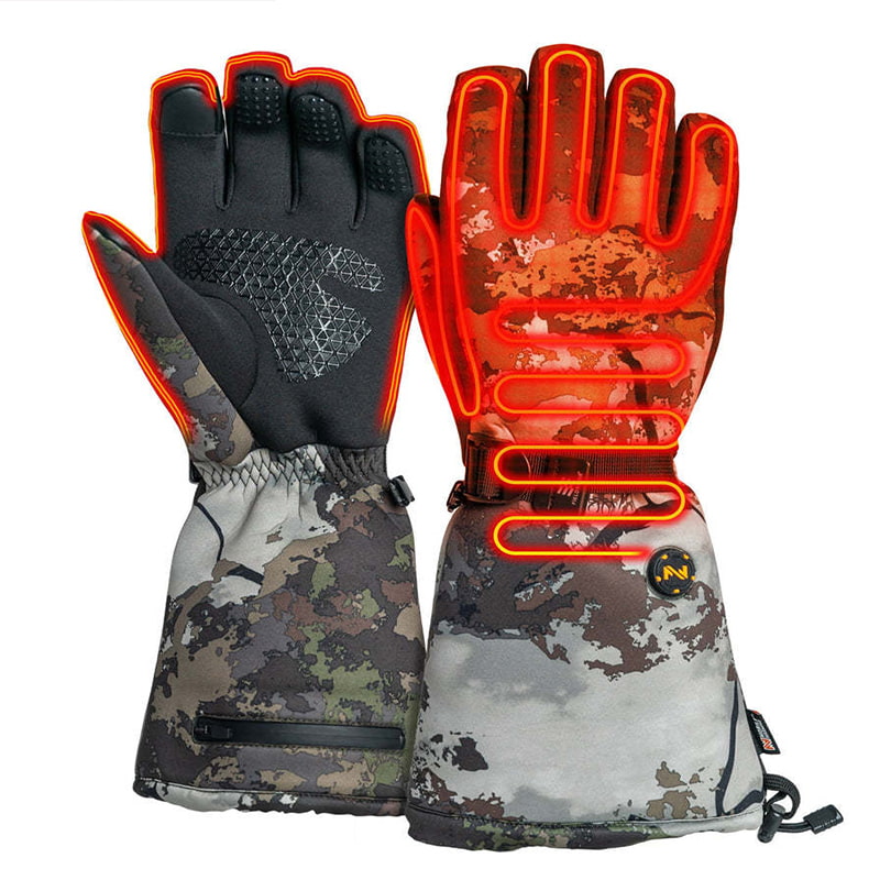 ACEWARM camo heated gloves heating effect showing warmth across palm, fingers and back of hand