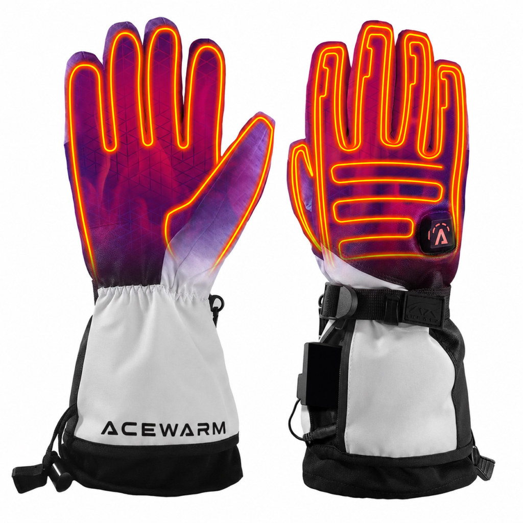 ACEWARM heated gloves heating effect showing warmth spreading across palm, fingers and back of hand