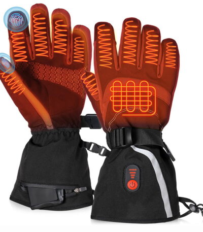 ACEWARM heated gloves showing full-hand heating wire layout with touchscreen fingertips and power button