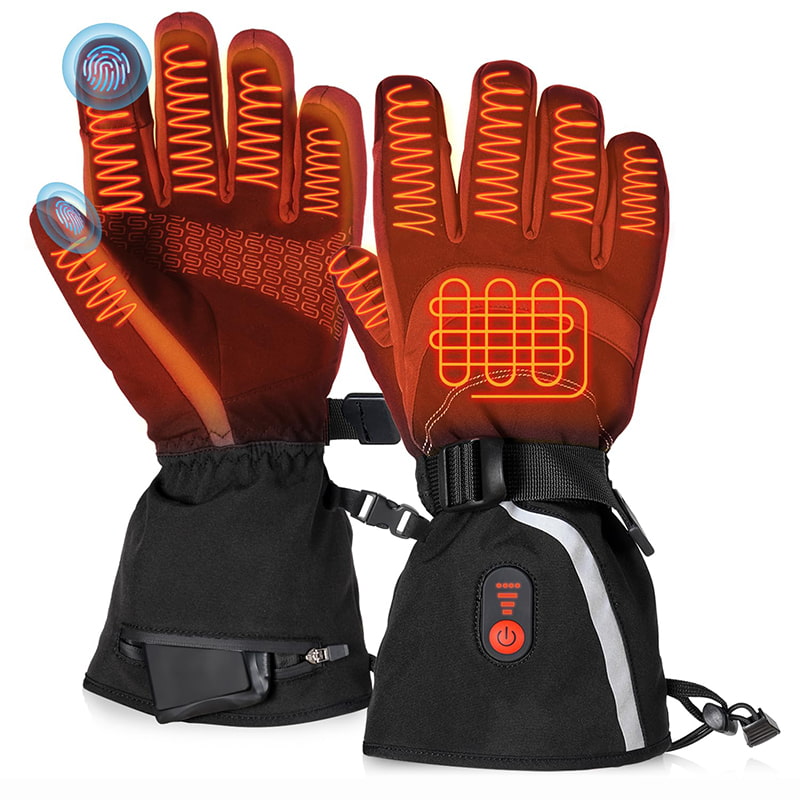 ACEWARM heated gloves showing full-hand heating wire layout with touchscreen fingertips and power button