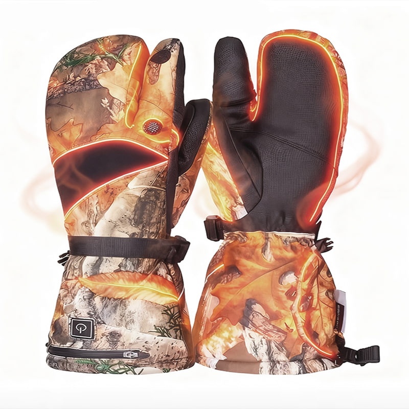 ACEWARM camo heated hunting mittens heating effect showing warmth across palm and trigger finger flap