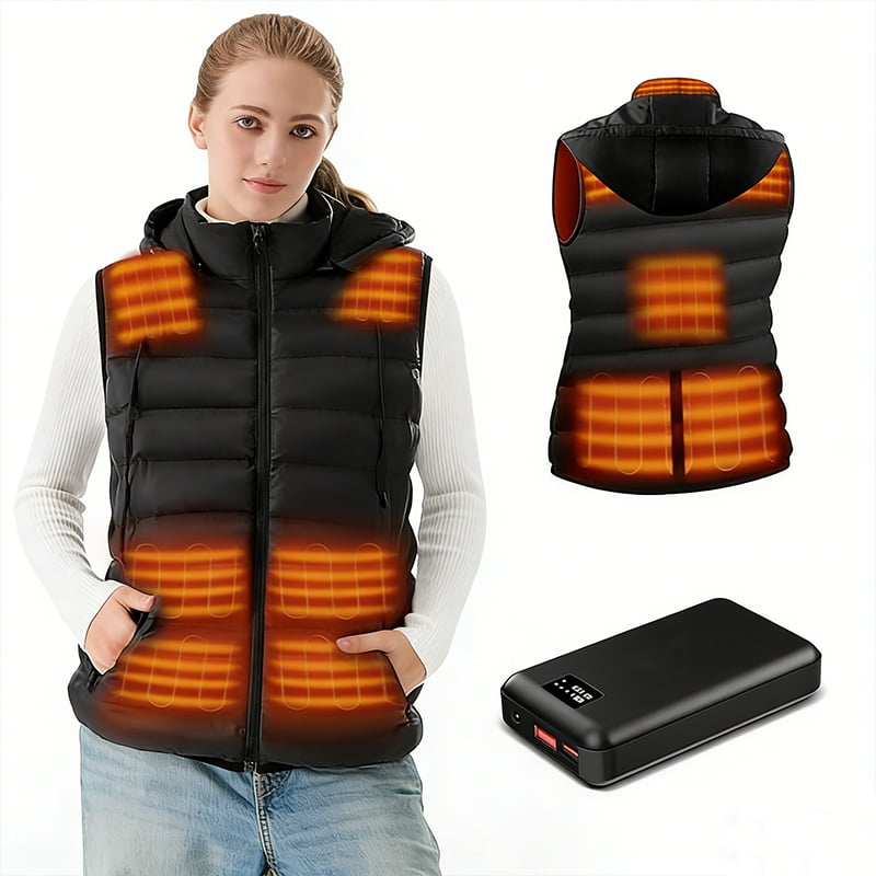 ACEWARM heated vest heating effect showing warmth across chest, back and core zones, with rechargeable power bank