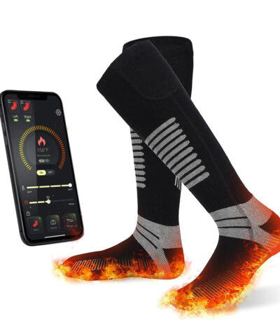App-controlled smart heated socks AW-HS-4 with smartphone interface.