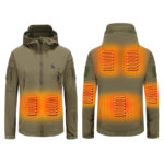 intelligent heated hooded windproof jacket in army green showing 7 heating zones