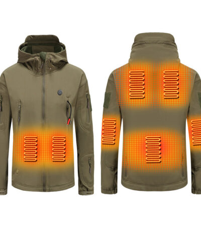 intelligent heated hooded windproof jacket in army green showing 7 heating zones