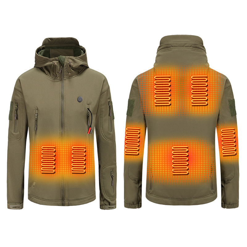 intelligent heated hooded windproof jacket in army green showing 7 heating zones