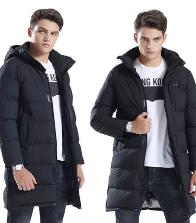 Smart heated long parka coat in black worn by male model