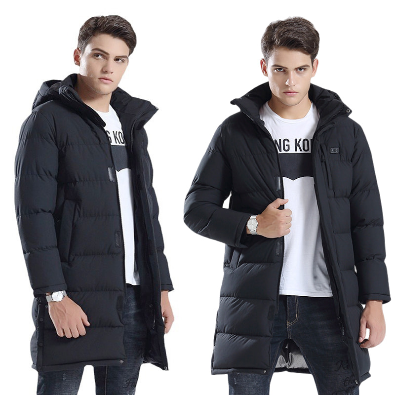Smart heated long parka coat in black worn by male model