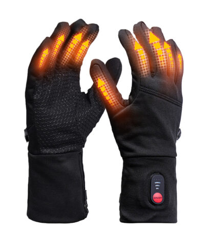 Ultra thin heated cycling gloves with heating elements across five fingers and back of hand