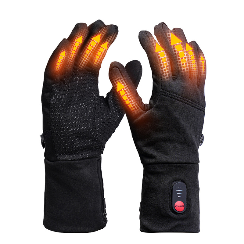 Ultra thin heated cycling gloves with heating elements across five fingers and back of hand