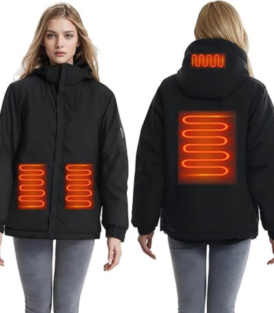Unisex heated jacket showing carbon fiber heating zones on abdomen and upper back
