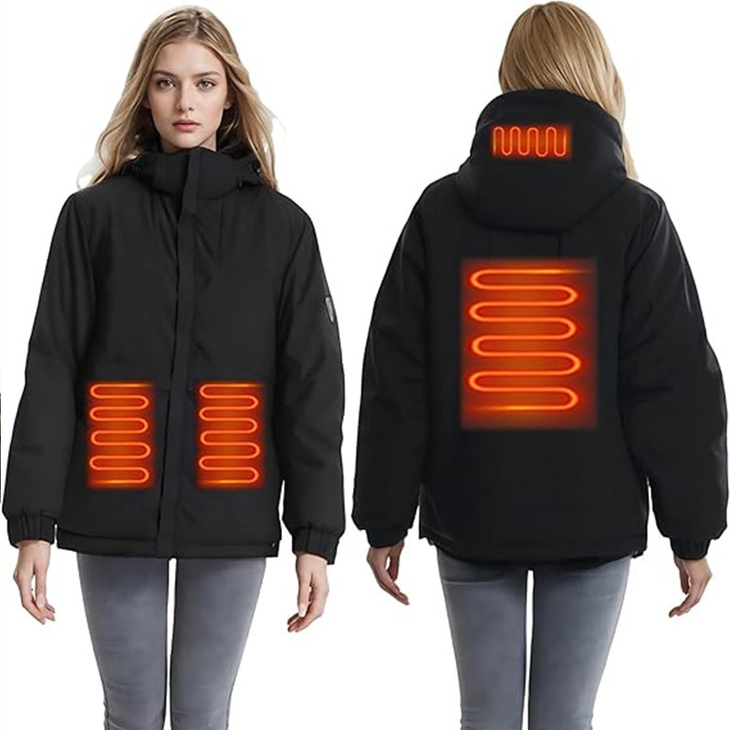Unisex heated jacket showing carbon fiber heating zones on abdomen and upper back