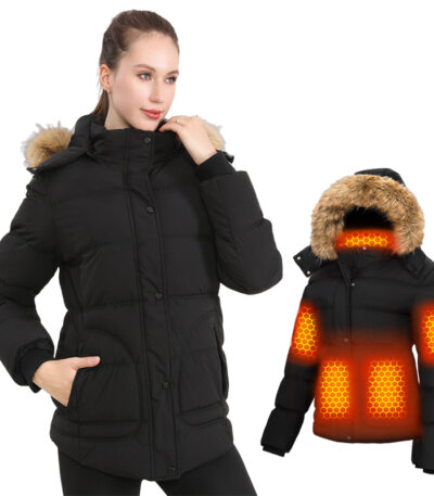 womens heated puffer jacketblack showing 6 carbon fiber heating zones