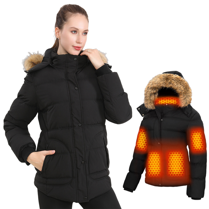 womens heated puffer jacketblack showing 6 carbon fiber heating zones