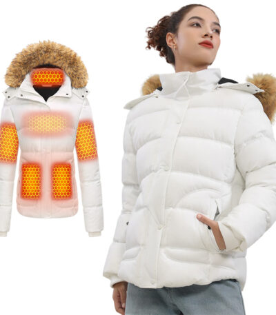 White womens heated puffer jacket with fur hood and heating zone layout
