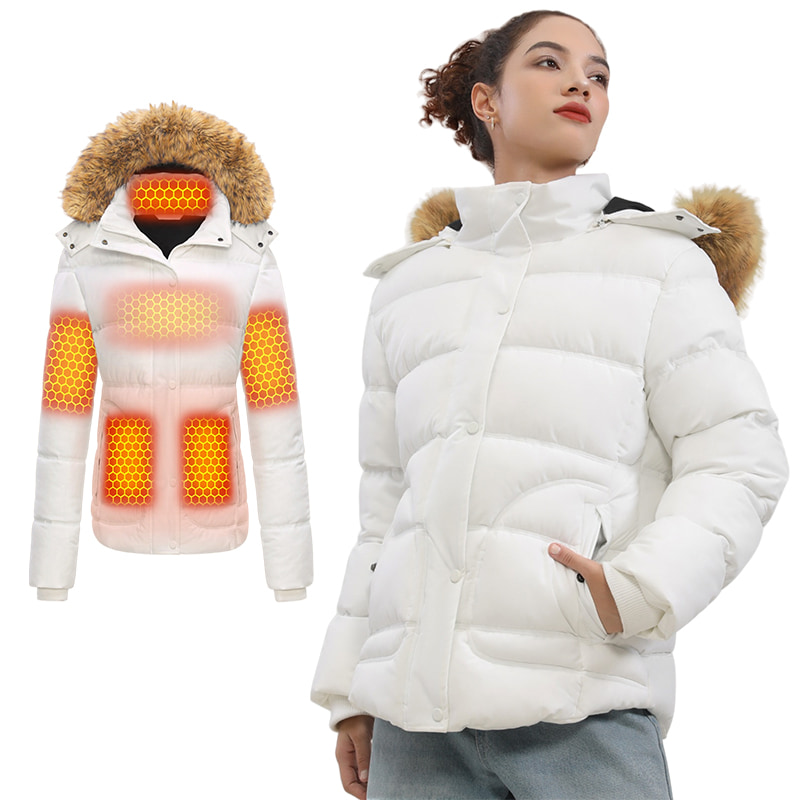 White womens heated puffer jacket with fur hood and heating zone layout